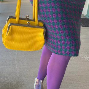 50’s 60's Vintage bright yellow Purse, ribbed retro design, stand up top handle